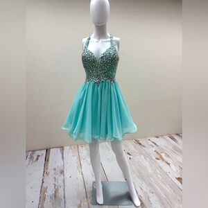 Dancing Queen USA Aqua Mint Crystal AB Rhinestone Halter Short Formal XL